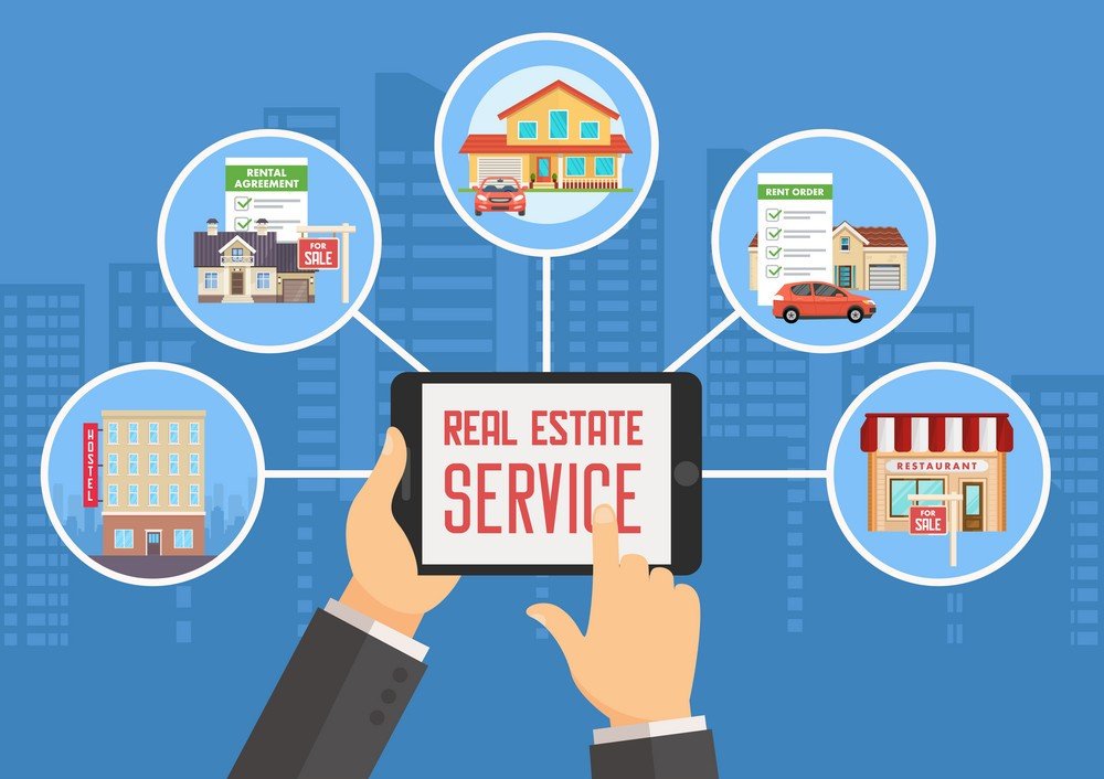 real-estate-service-HRU Real Estate Service. Advertising and Digital Technologies in Real Estate Business. Property Investment, Buy, Sell, Rent House and Apartment. Real Estate Agency Concept. Vector Flat Illustration.