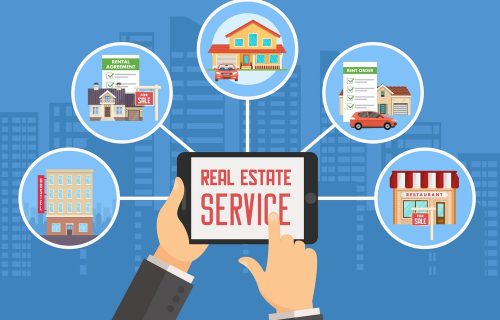 Real Estate Service. Advertising and Digital Technologies in Real Estate Business. Property Investment, Buy, Sell, Rent House and Apartment. Real Estate Agency Concept. Vector Flat Illustration.